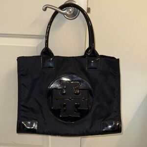 Tory Burch Black Patent-Trim Logo Tote